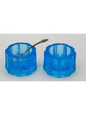 Vintage Blue Pressed Glass Salt Cellars With Small Silver-Tone Spoon Set Of 2